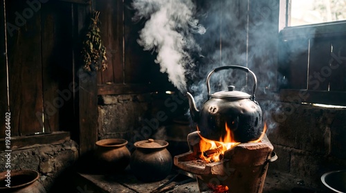 Wallpaper Mural Traditional metal kettle boiling on a wood-fired stove in a rustic kitchen setting Torontodigital.ca