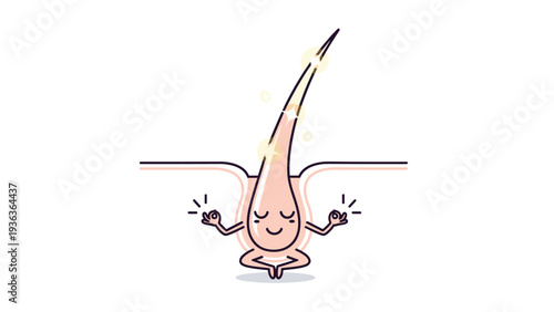 Healthy hair follicle cartoon character sitting in a meditation pose to represent scalp wellness and hair growth care.