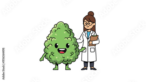 Friendly cannabis bud character shaking hands with a female doctor to represent medical marijuana and healthcare integration.