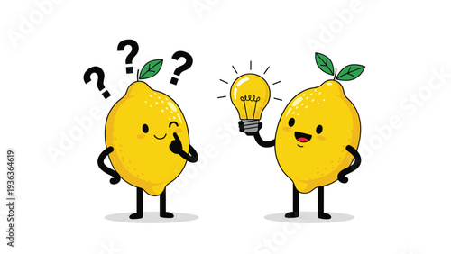Two lemon characters showing a mental progression from pondering a problem with questions to finding a bright idea.