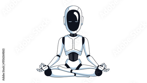 Advanced humanoid robot character sitting in a zen yoga meditation pose to represent technology and wellness balance.