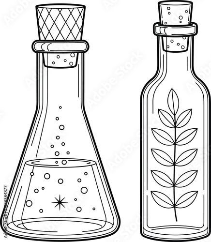 Glass Bottles with Cork Stoppers Line Art Vector Illustration Featuring Herbal Oil Bottle and Laboratory Flask for Apothecary, Cosmetic and Chemistry Designs