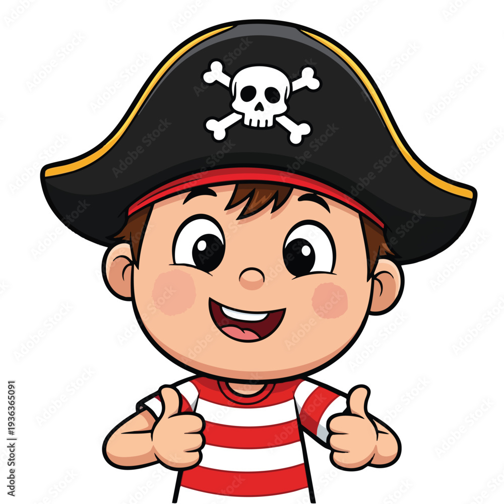 Fototapeta premium Cute Child in Pirate Costume with Skull and Crossbones Hat for Costumes or Party Themes