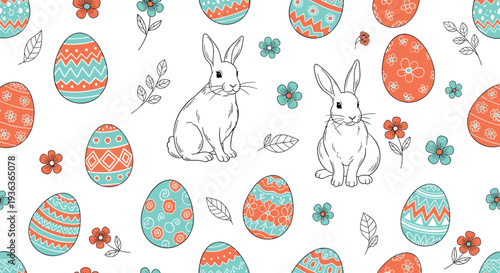 Seamless Easter Pattern with Hand Drawn Rabbits, Decorative Easter Eggs and Spring Flowers Vector Illustration for Holiday Wrapping Paper and Textile Design