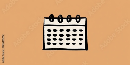 A hand-drawn calendar icon with a beige paper and black outline sits against an orange background