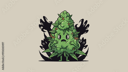 Scared cannabis bud mascot looks worried as dark shadowy hands reach out from the background to symbolize paranoia or negative effects of drug use.