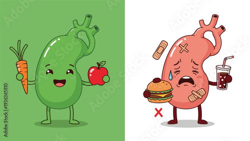 Comparison of two internal organ mascots features a healthy green character with fruit and a sick red one with bandages and junk food to promote wellness.
