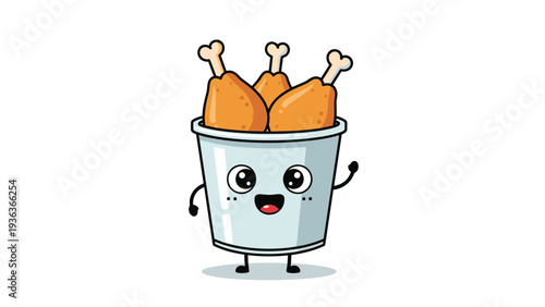 Happy bucket of fried chicken legs cartoon character waving and smiling to represent fast food marketing.