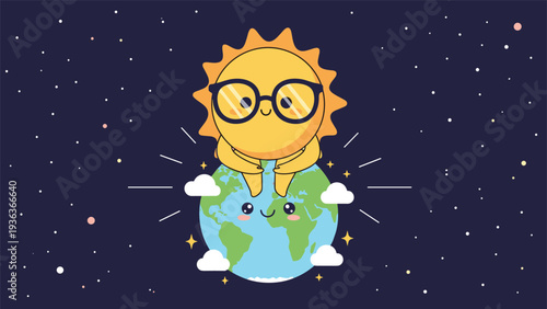 Cute cartoon sun with glasses hugging the earth in space representing global warmth and solar energy.