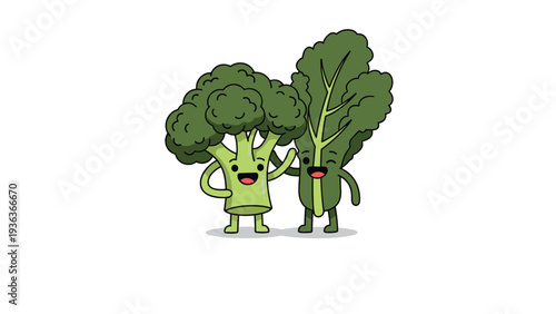 Friendly broccoli and kale cartoon characters posing together to promote healthy vegetable consumption and diet.