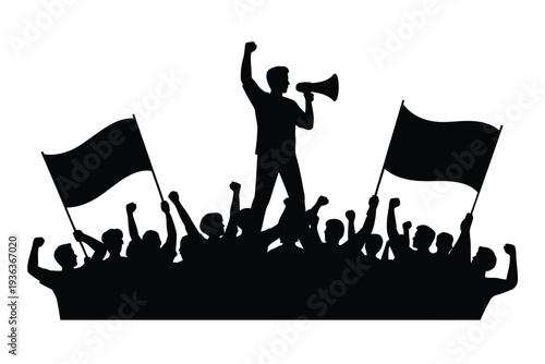 A silhouetted crowd of protestors with raised flags and a speaker using a megaphone