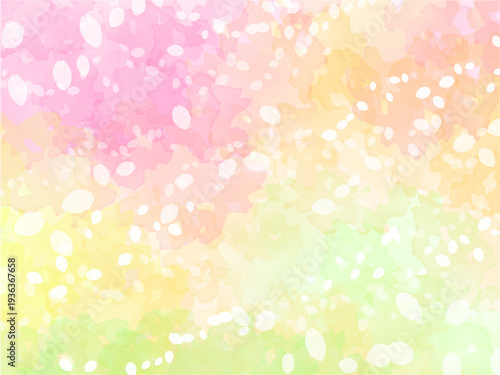 春の桜と花びらの桜吹雪イメージのテクスチャー背景素材。桜と色々な花の咲いた公園のあたたかい陽射しの風景のイメージ。