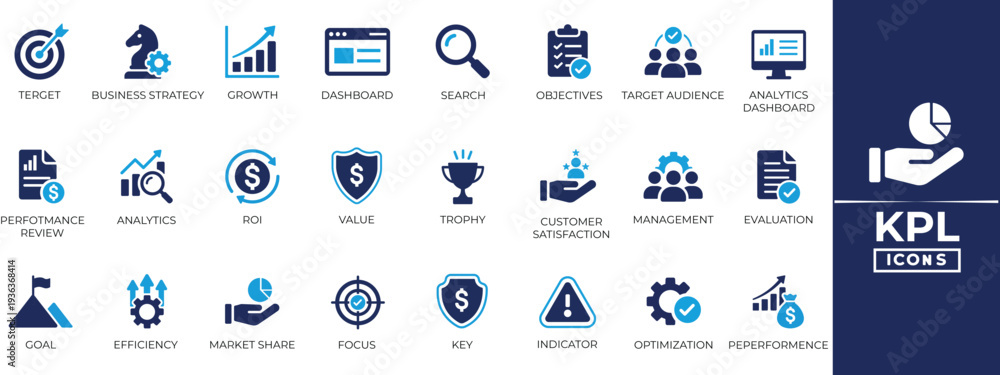 Εκτύπωση καμβά KPI and performance measurement vector icons for business growth and strategy