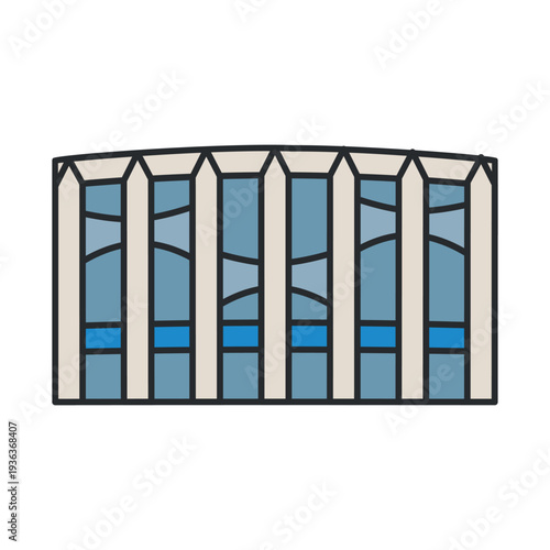 Modern stadium arena with glass facade and structural columns. Sports architecture landmark. Illustration. Football and event venue isolated on white background.