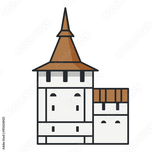 Historic fortress tower with wooden roof and defensive wall. Medieval architecture landmark. Illustration. Cultural heritage monument isolated on white background.