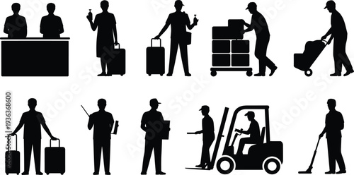 Hotel and warehouse worker silhouettes set with luggage, forklift operator, delivery staff and cleaning service icons isolated vector illustration