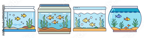 Set of four colorful aquariums with fish and plants flat design vector illustration
