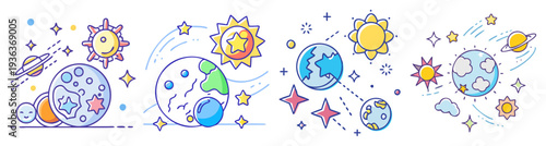 Colorful celestial zodiac signs and planets astrology icon pack flat design vector illustration