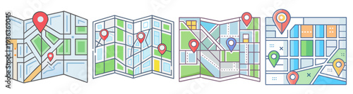 Colorful city navigation icon pack with location pins and routes flat design vector illustration