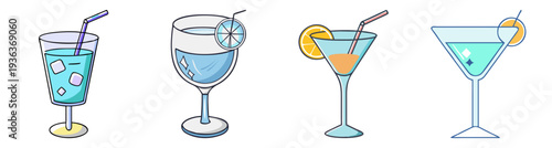 Set of four colorful cocktail glasses with drinks and garnishes vector illustration flat design