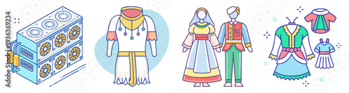 Crypto mining rig and traditional costumes vector icon pack flat design illustration scalable
