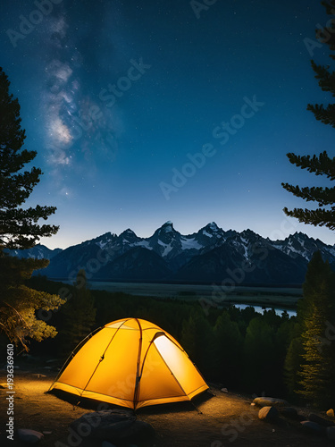 A night shot of an illuminated tent at a campsite overlooking the Teton Range outside of Jackson, Wyoming