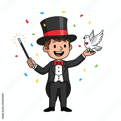Charming Magician in Formal Attire Performing with a White Dove and Confetti