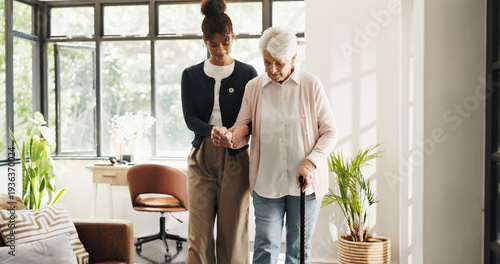 Cuadro en lienzo Nurse, old woman and support with walking stick in home for mobility, help and balance in retirement