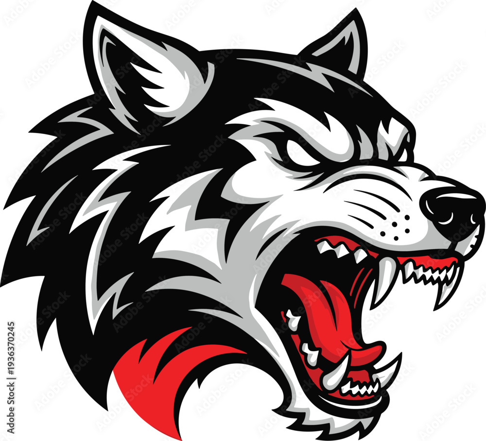Obraz premium Aggressive Wolf Head Mascot Illustration with Open Mouth and Sharp Teeth for Esports Logo, Sports Team Emblem, and Predator Animal Design