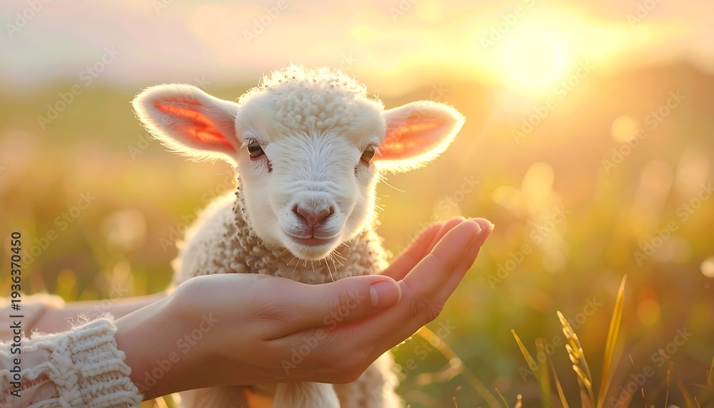 Obraz premium A person gently holds a small lamb in their hand in a field