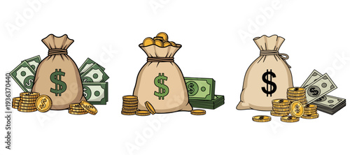 Wealth & Prosperity: Cartoon Money Bags and Gold Coin Vector Set