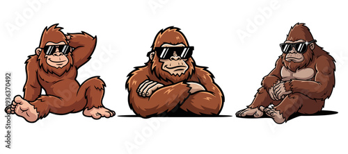 Set of Three Cool Gorilla Mascot Characters Wearing Sunglasses in Various Poses