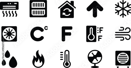 HVAC and Climate Control Solid Icons Set with Air Conditioner, Thermometer, Snowflake, Fan and Temperature Symbols Vector Illustration Isolated on White