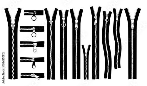 A collection of black and white zippers in various styles and sizes