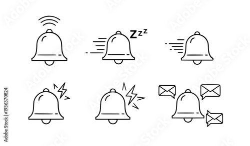 A set of notification bell icons in various states of alert and sleep
