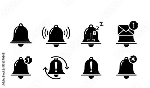 A set of black and white bell icons for notification and alert purposes