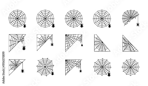 A set of spider web icons in various shapes and orientations