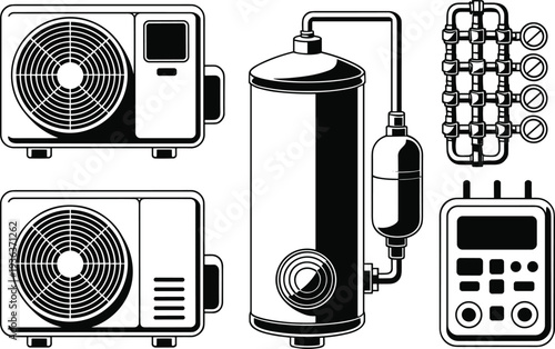 HVAC and Industrial Water System Silhouette Icons Set, Air Conditioner Units, Boiler Tank and Pressure Control Panel Vector Isolated on White