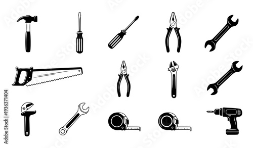 A set of black and white vector icons depicting various hand tools