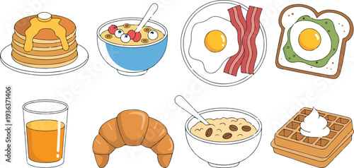 Collection of traditional breakfast foods and drinks including pancakes cereal eggs bacon and juice vector illustration set