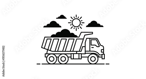 A linear illustration depicts a dump truck carrying material under a sun and clouds silhouette high quality professional