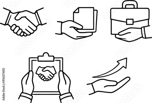 Black and white line of business hands handshake briefcase clipboard
