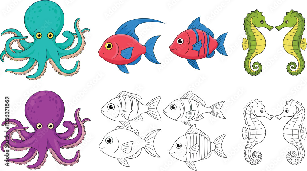 Fototapeta premium Cartoon Sea Creatures Set with Octopus, Fish, and Seahorse Illustration for Marine Life Theme, Ocean Animals Collection, and Kids Educational Design