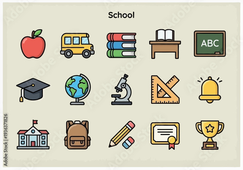 Educational icons representing various aspects of school life and learning displayed on a neutral background from a straightforward viewpoint
