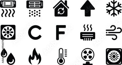 HVAC Heating and Cooling Solid Icons Set with Air Conditioner, Snowflake, Flame, Thermometer and Ventilation Symbols Vector Illustration Isolated on White
