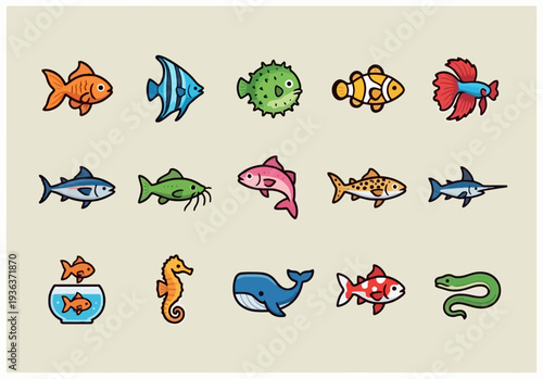 Diverse marine life illustration featuring fish, sea creatures, and aquatic animals in a colorful underwater scene from a top viewpoint