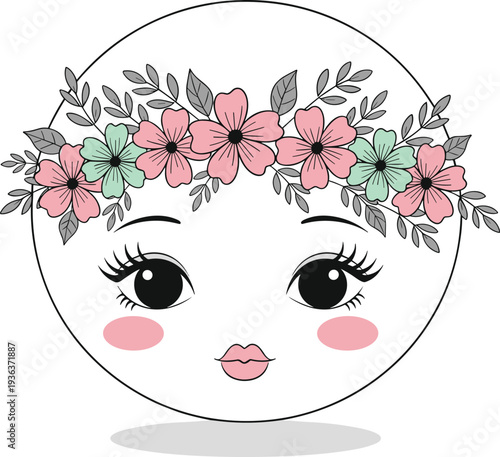 Cute Girl Face with Floral Crown Illustration for Kids Nursery Design, Feminine Character Icon, and Adorable Cartoon Portrait Decoration