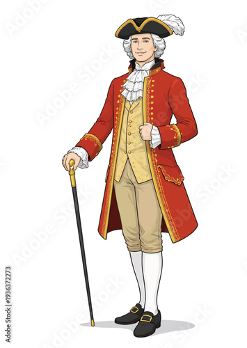 071-02-Gentleman in red frock coat, wig, and tricorn hat holding a cane