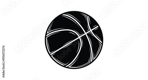 A striking black silhouette of a basketball with detailed panel lines against a white background silhouette high quality