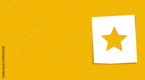 Yellow background with a star icon on a paper note, vector illustration. Flat design style.